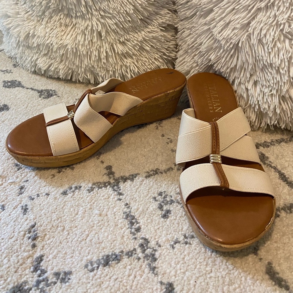 White and Tan Wedge Sandals